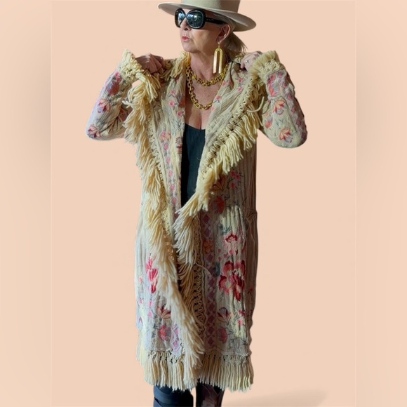 Johnny Was Sweaters - JOHNNY WAS BIYA Cardigan Sweater Duster Hoodie Buttermilk Yellow Embroidered S